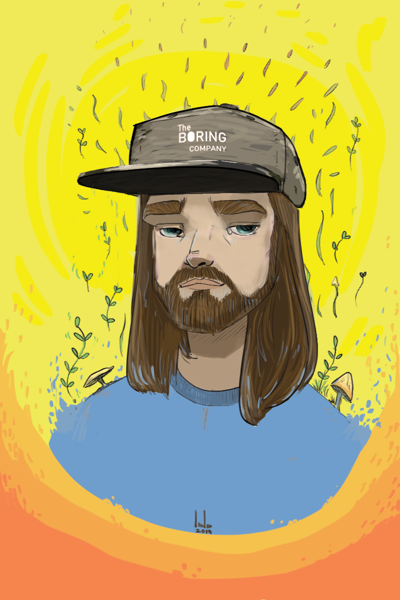 Digital caricature of a man in a cap on a yellow background