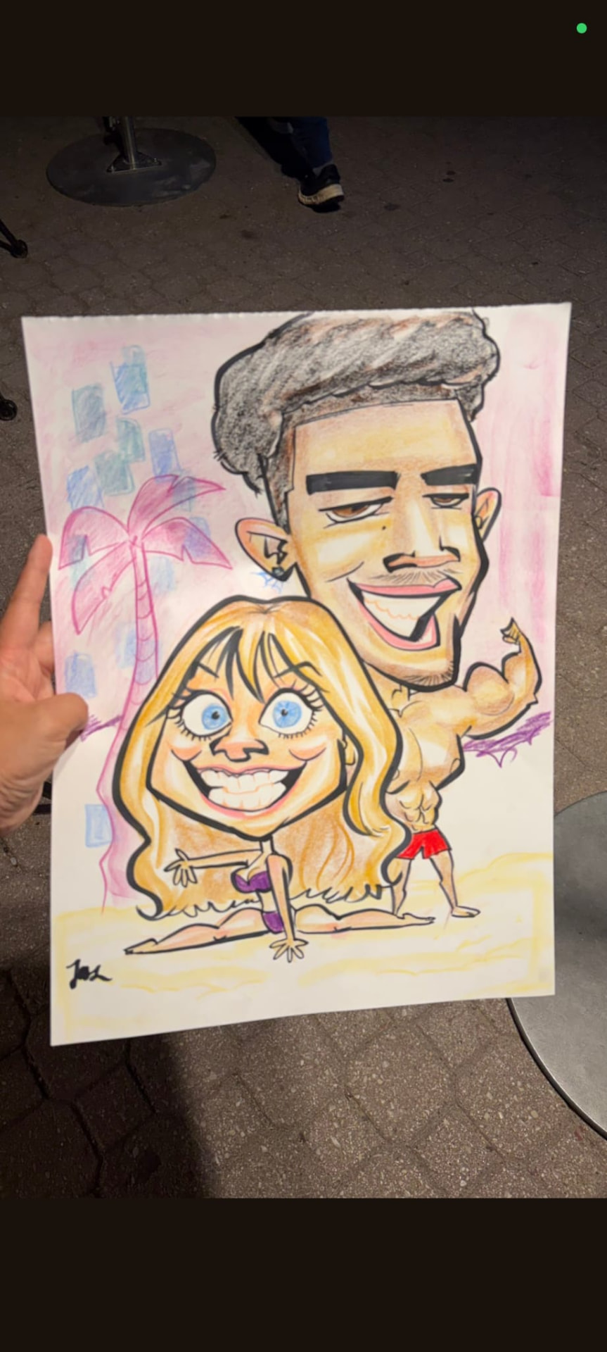 Colour beach-themed couple caricature by Jessica