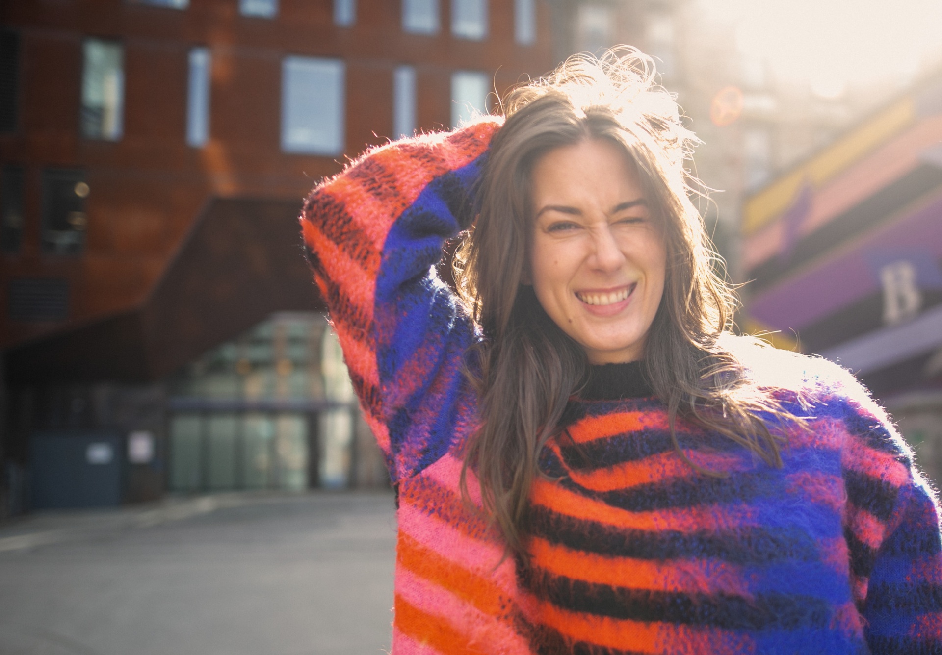 Striped sweater — backlit laughter, colour frame